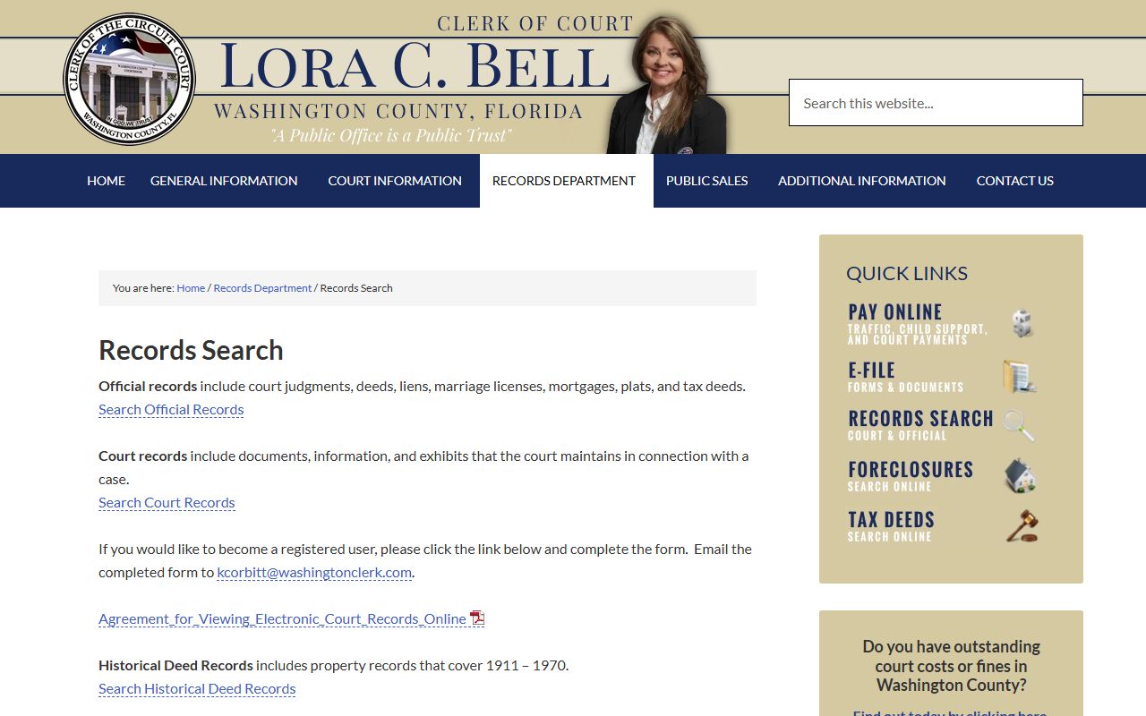 Washington County public records records search page