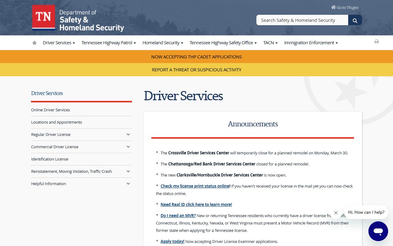 Tennessee Public Records access through Tennessee Driver Services